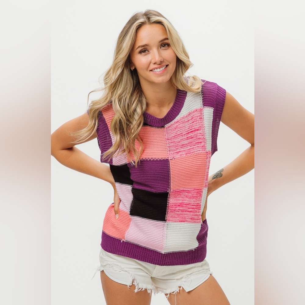 Pink & Purple BiBi Color Block Round Neck Sweater Vest